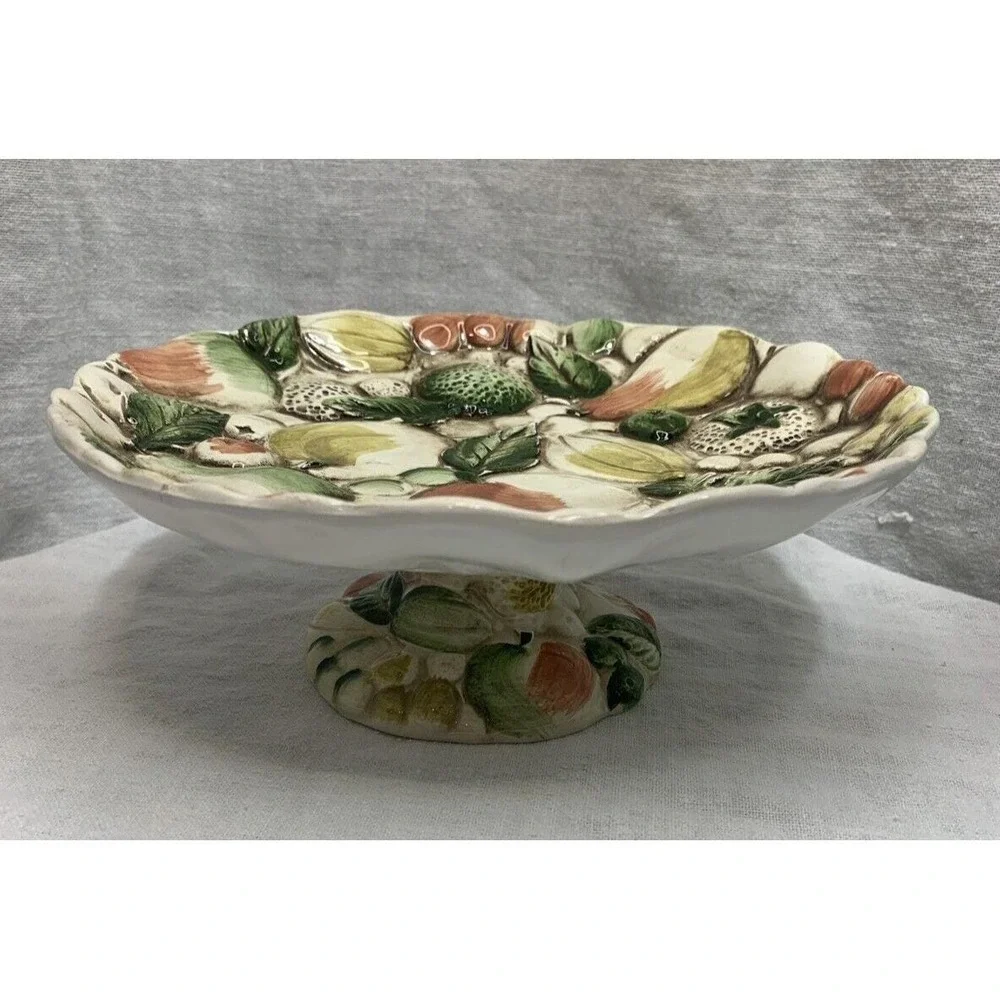 Lefton's Pedestal Dessert Plate Majolica Style Raised Fruit Design 8.5